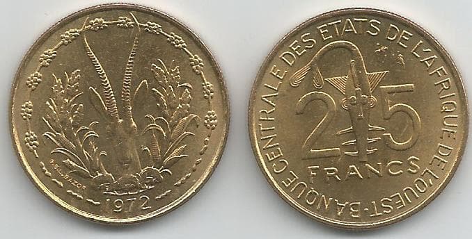 West African St. KM5(U) 25 Francs (1972) β Lot of 6 representative product image