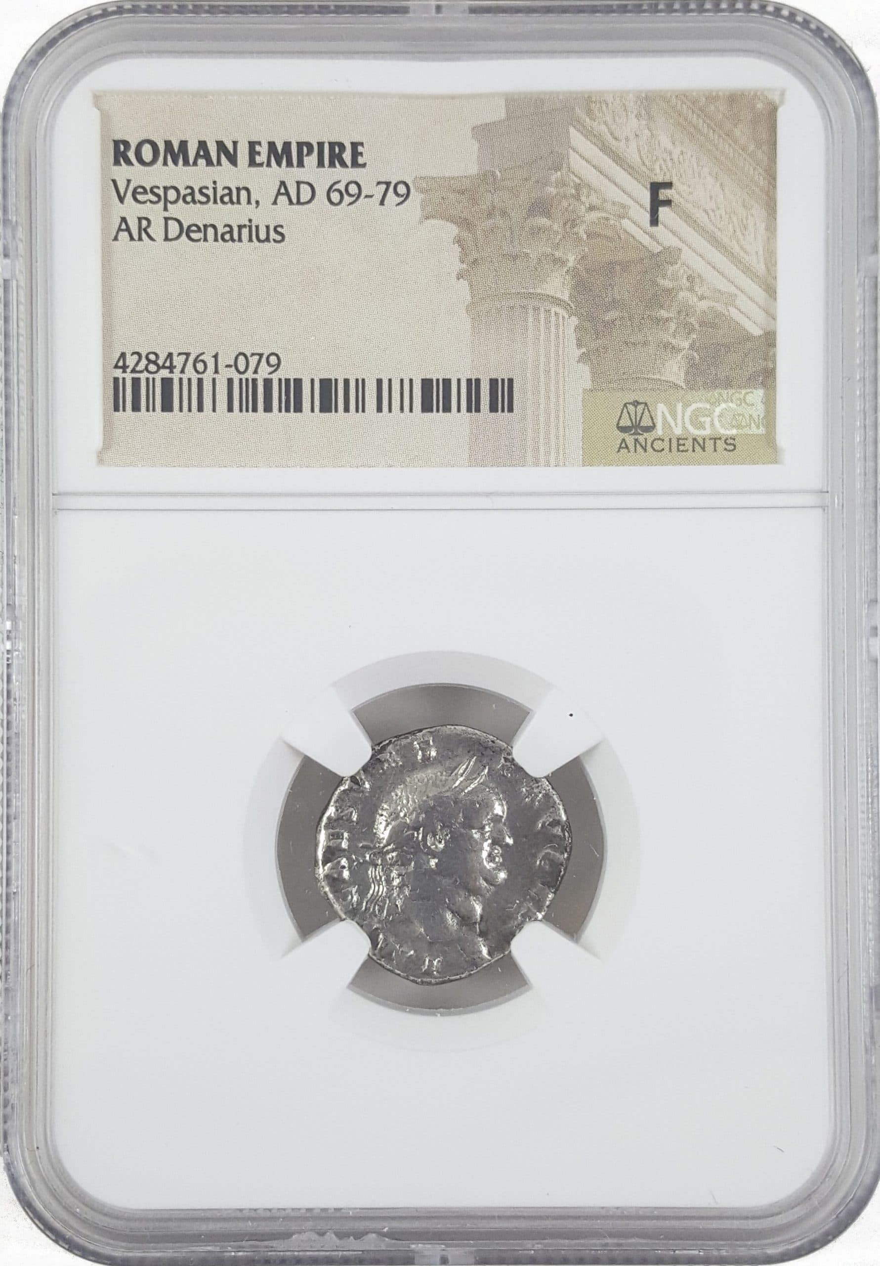 NGC-Certified Roman Coin: Vespasian, Denarius, Grade F — representative ECC supplier stock image; exact coin and slab vary