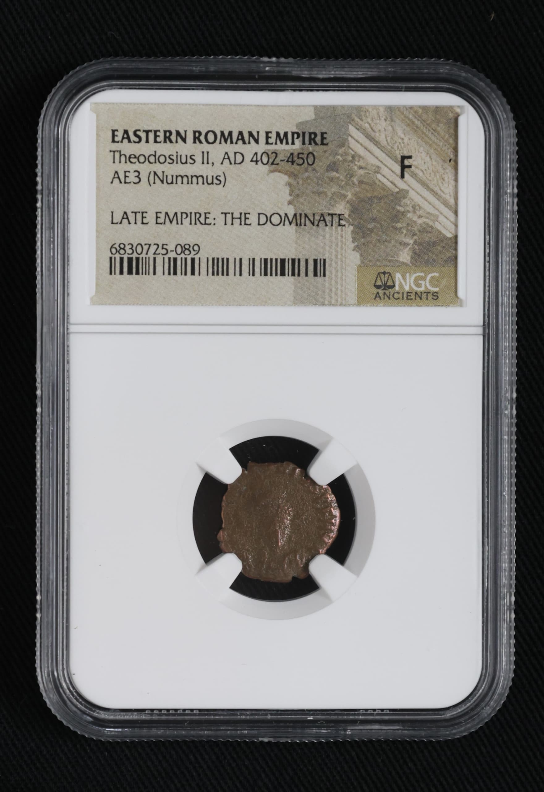 NGC-Certified Roman Coin: THEODOSIUS2ND(AE3), Grade F — representative ECC supplier stock image; exact coin and slab vary