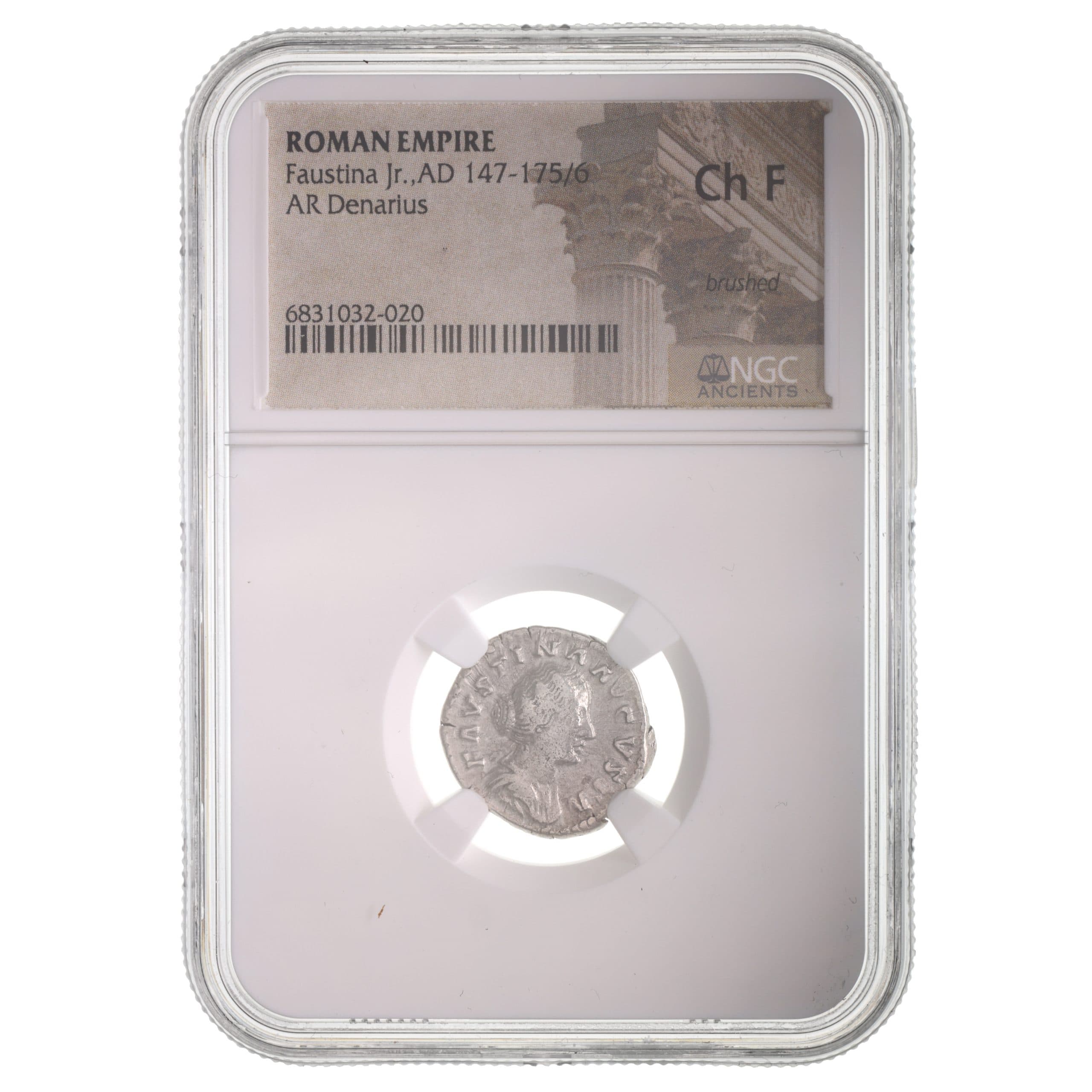 NGC-Certified Roman Coin: Faustina Jr., Denarius, Grade CH-F β representative ECC supplier stock image; exact coin and slab vary
