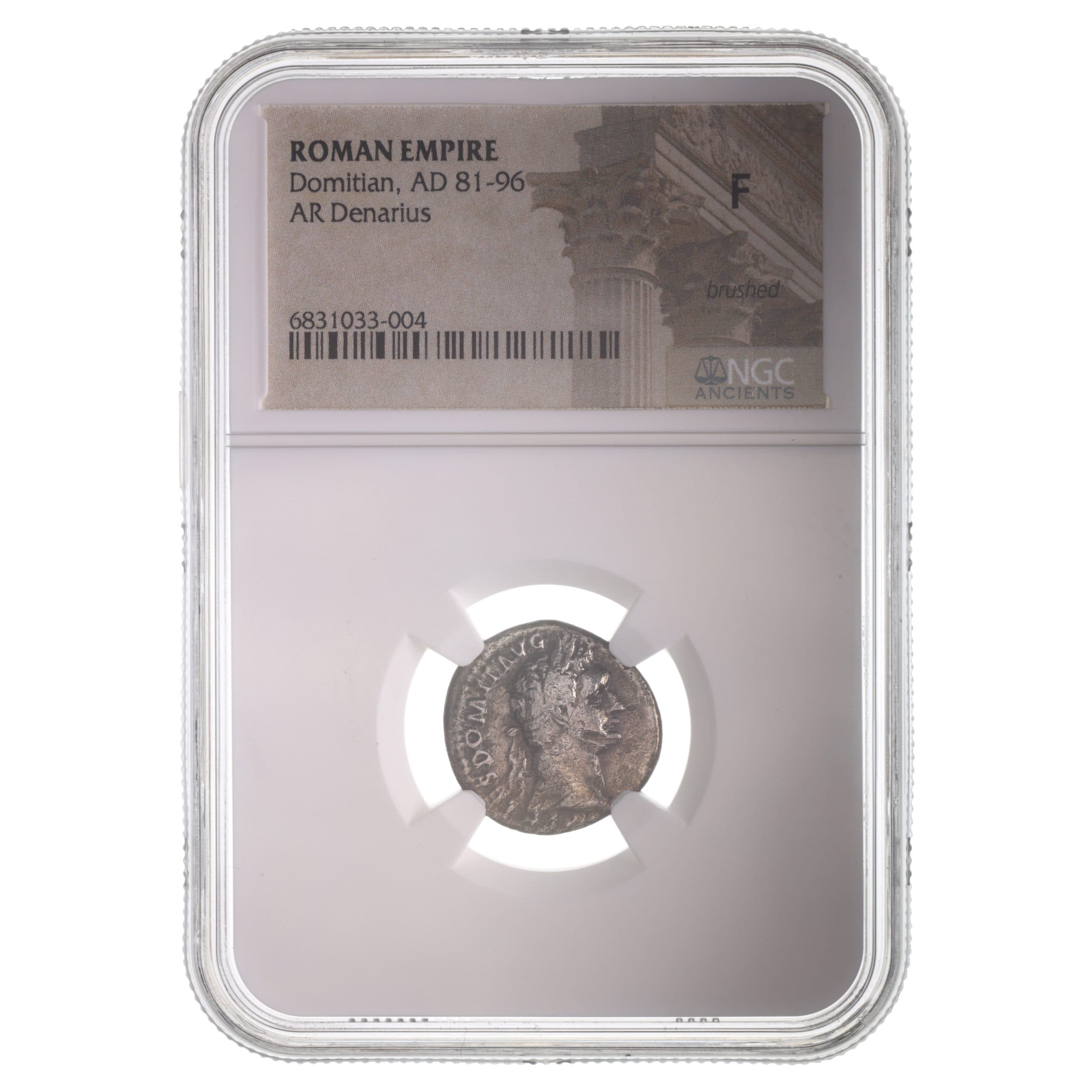 NGC-Certified Roman Coin: Domitian, Denarius, Grade F — representative ECC supplier stock image; exact coin and slab vary