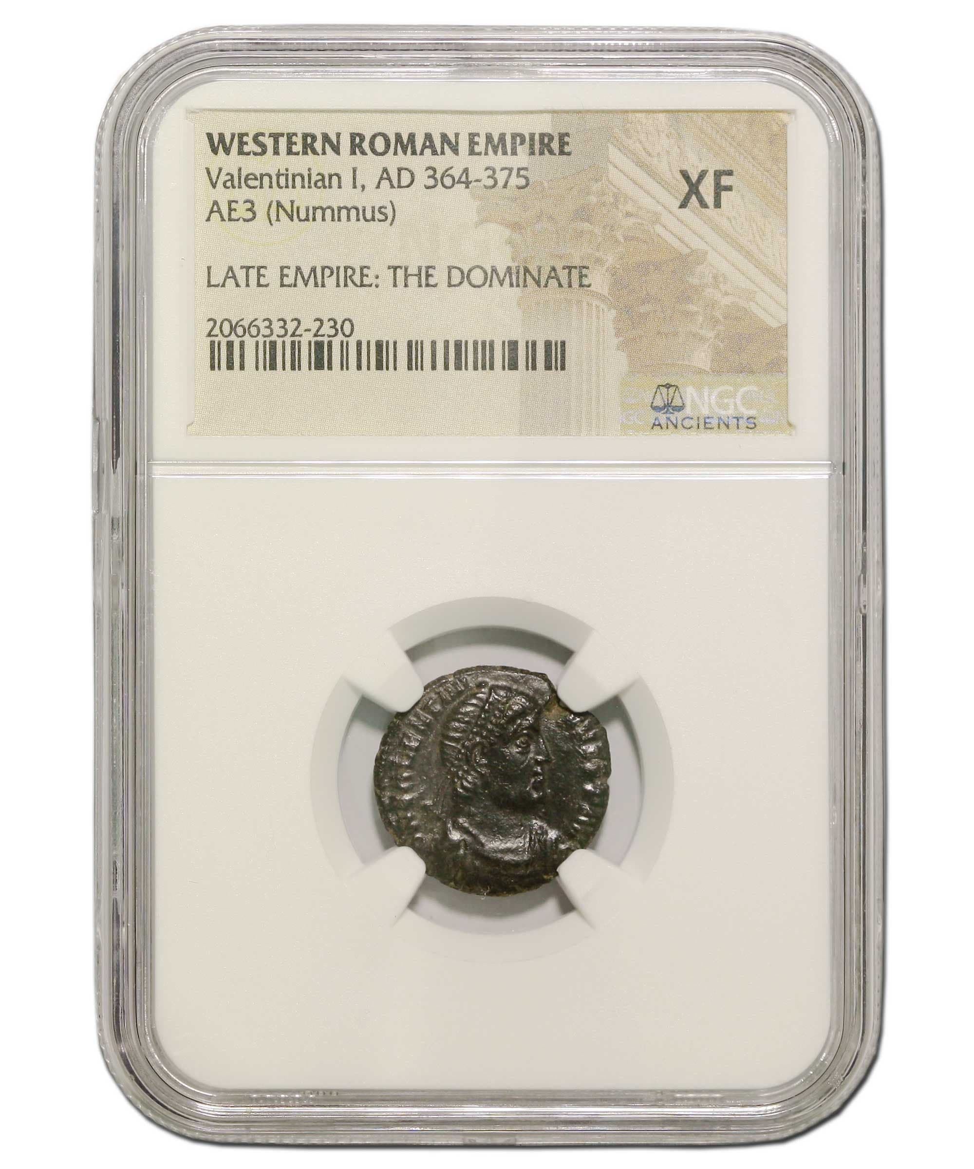 NGC-Certified Roman Coin: VALENTINIAN1ST(AE3), Grade XF — representative ECC supplier stock image; exact coin and slab vary