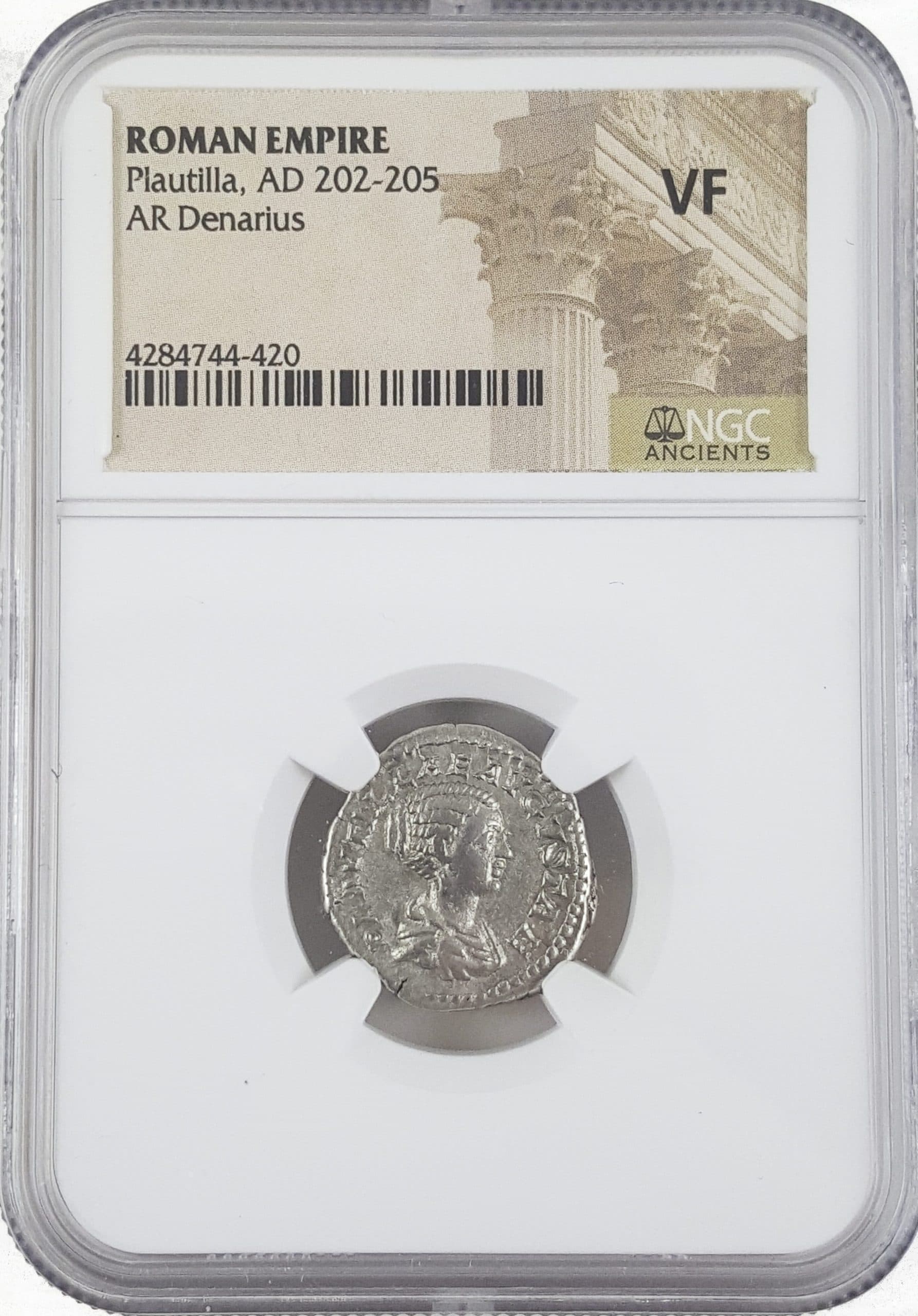 NGC-Certified Roman Coin: Plautilla, Denarius, Grade VF β representative ECC supplier stock image; exact coin and slab vary