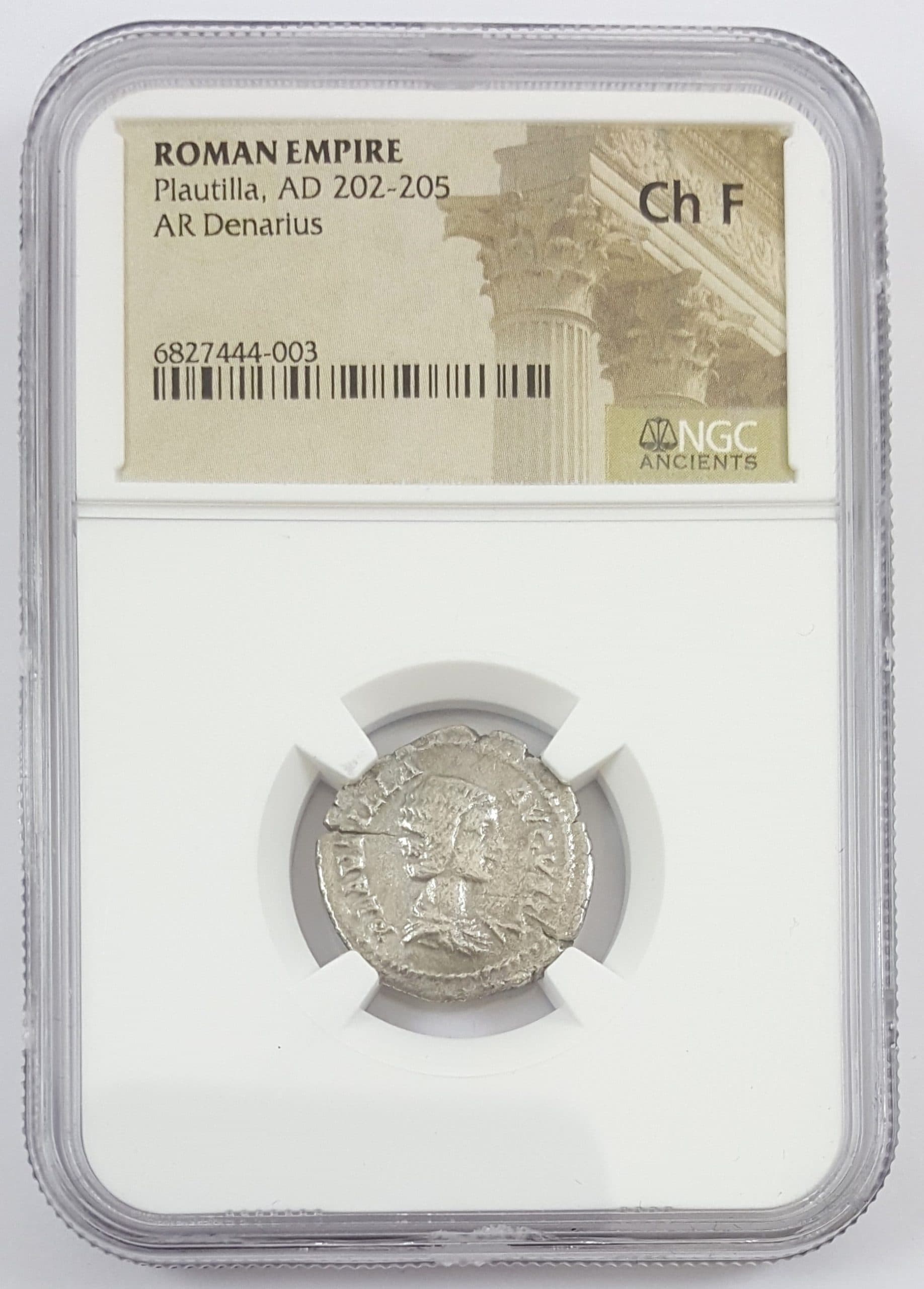 NGC-Certified Roman Coin: Plautilla, Denarius, Grade CH-F β representative ECC supplier stock image; exact coin and slab vary