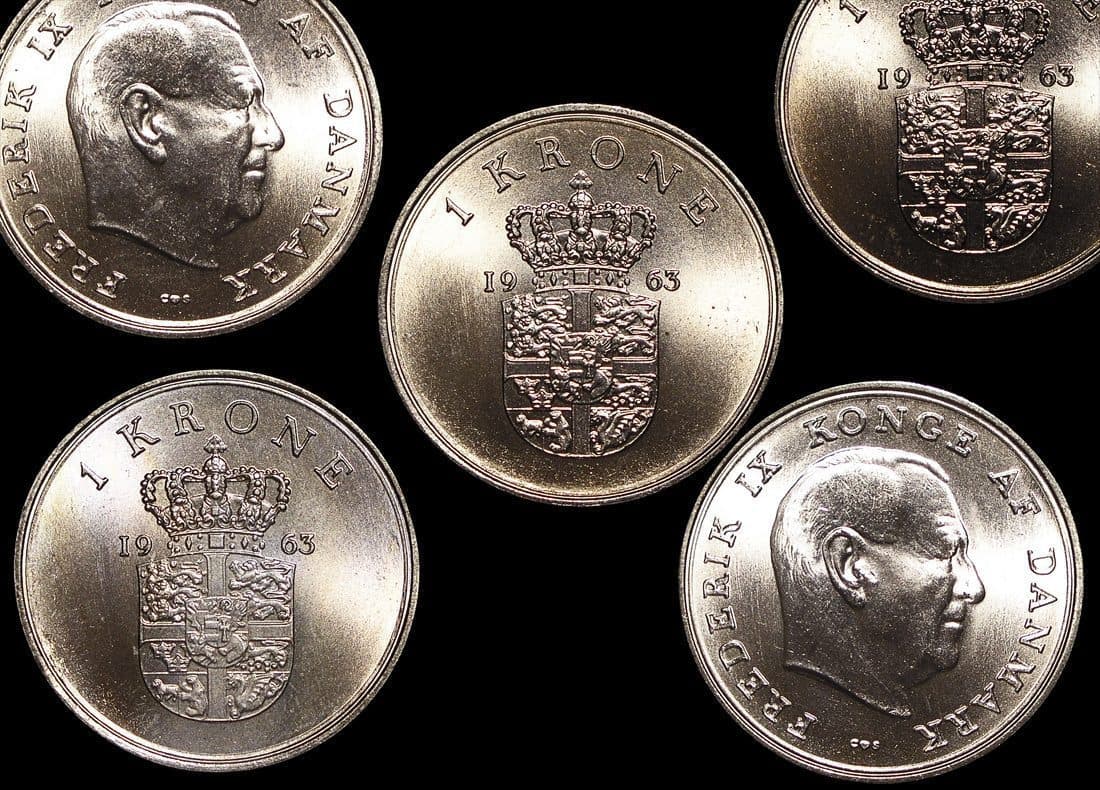 Denmark KM851.1(U) Denmark, Frederik IX (1947-1972), Silver 1 Krone, dated 1963, brilliant uncirculated – Lot of 2 representative product image