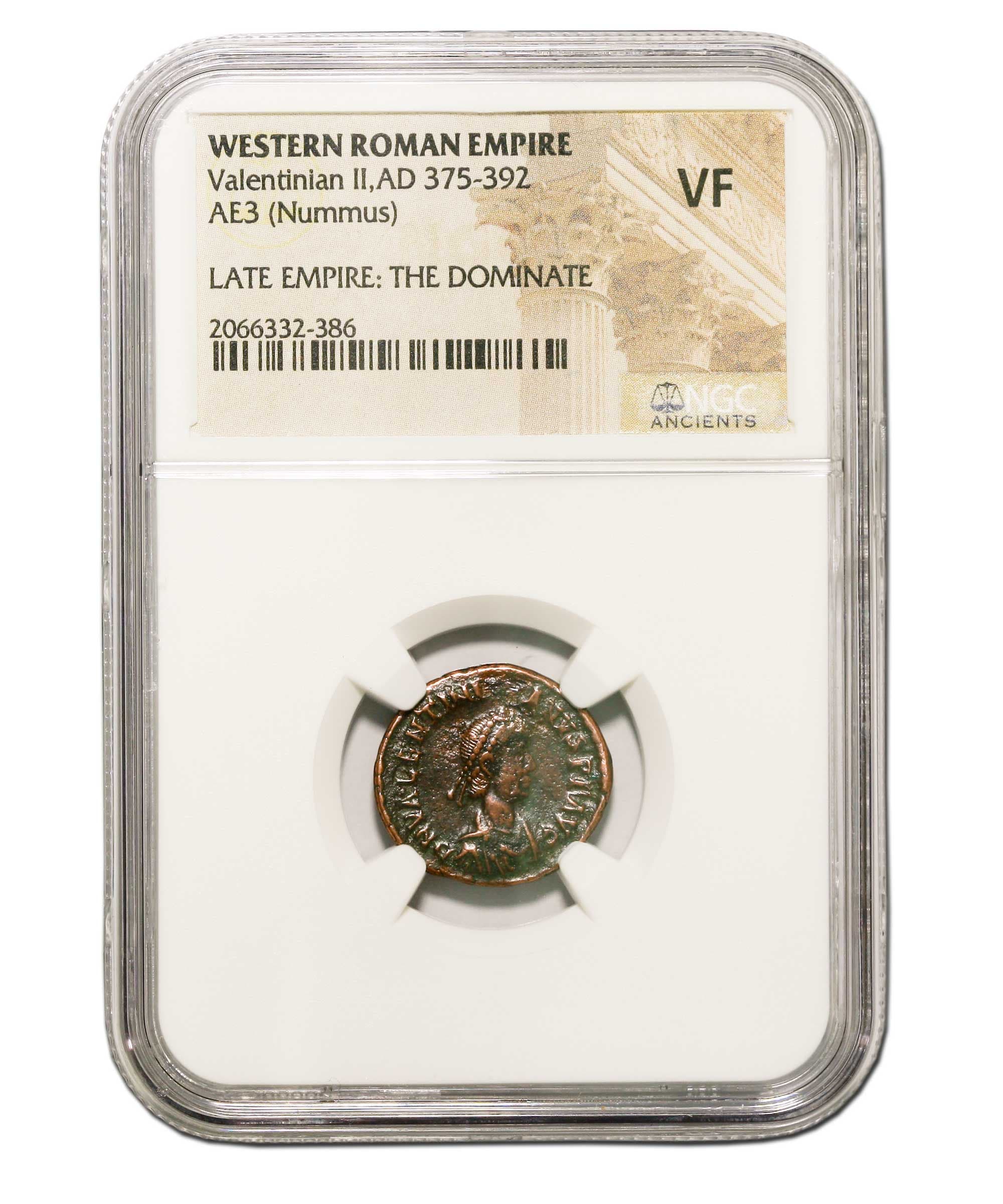 NGC-Certified Roman Coin: VALENTINIAN2ND(AE3), Grade VF β representative ECC supplier stock image; exact coin and slab vary