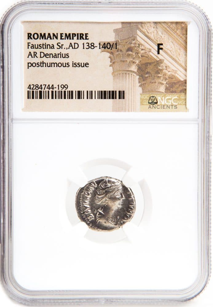 NGC-Certified Roman Coin: Faustina Sr., Denarius, Grade F β representative ECC supplier stock image; exact coin and slab vary