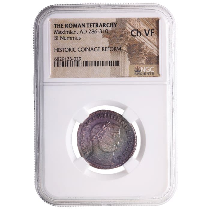 NGC-Certified Roman Coin: Maximian, AE1, Grade CH-VF β representative ECC supplier stock image; exact coin and slab vary