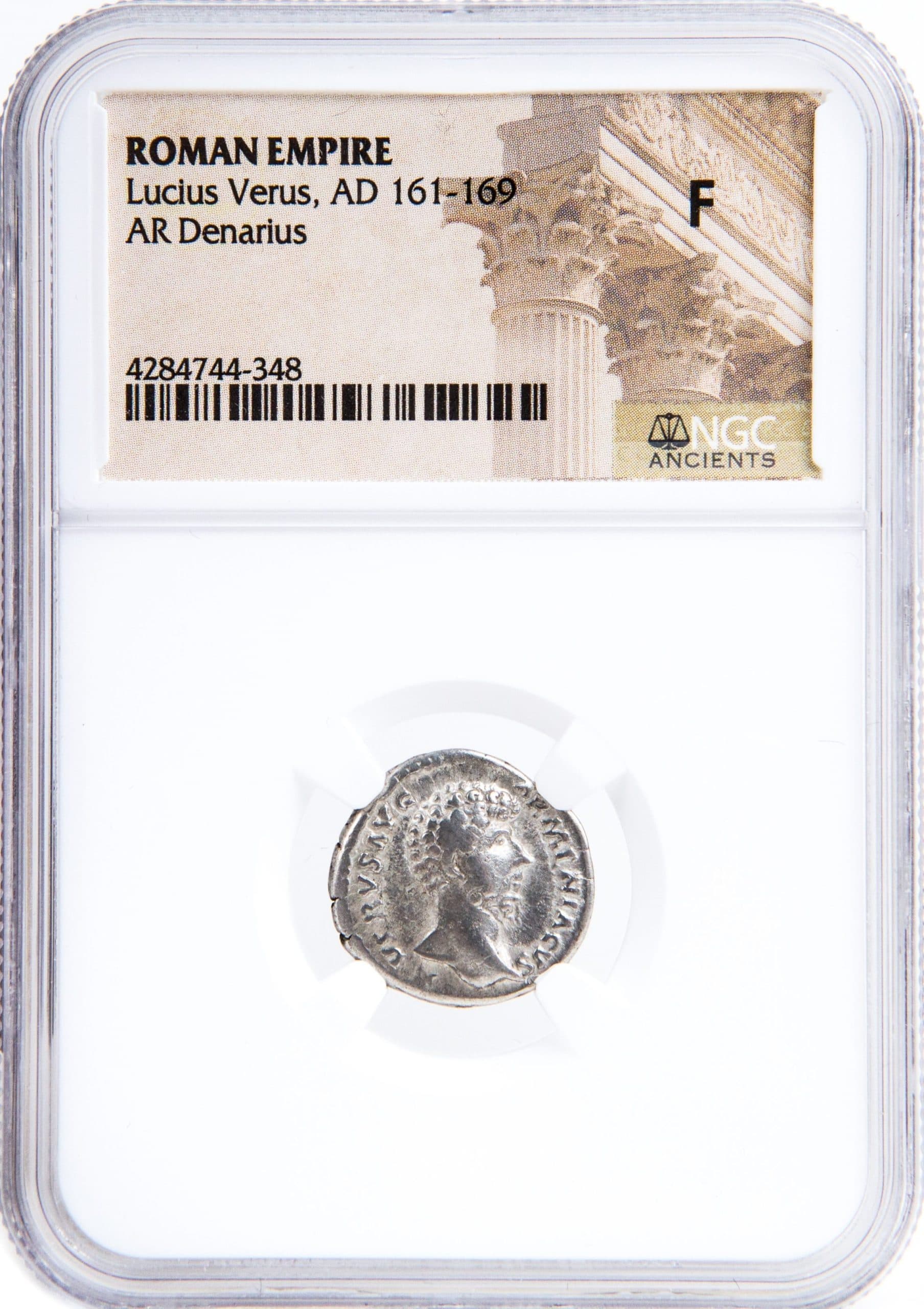 NGC-Certified Roman Coin: Lucius Verus, Denarius, Grade F — representative ECC supplier stock image; exact coin and slab vary