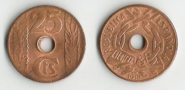 Spain KM757(U) 25 Centimes – Lot of 5 representative product image