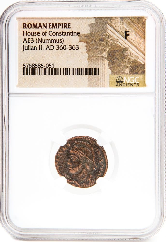 NGC-Certified Roman Coin: JULIAN2ND(AE2/3), Grade F β representative ECC supplier stock image; exact coin and slab vary