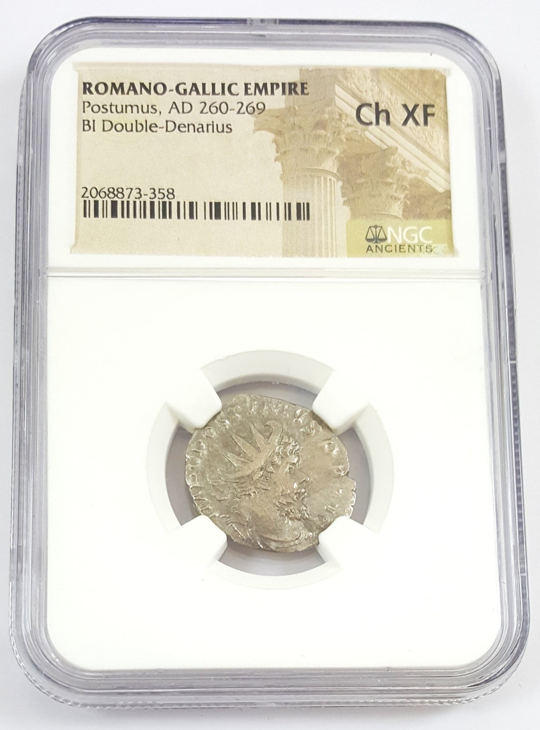 NGC-Certified Roman Coin: Postumus, Ag ANT, Grade CH-XF β representative ECC supplier stock image; exact coin and slab vary