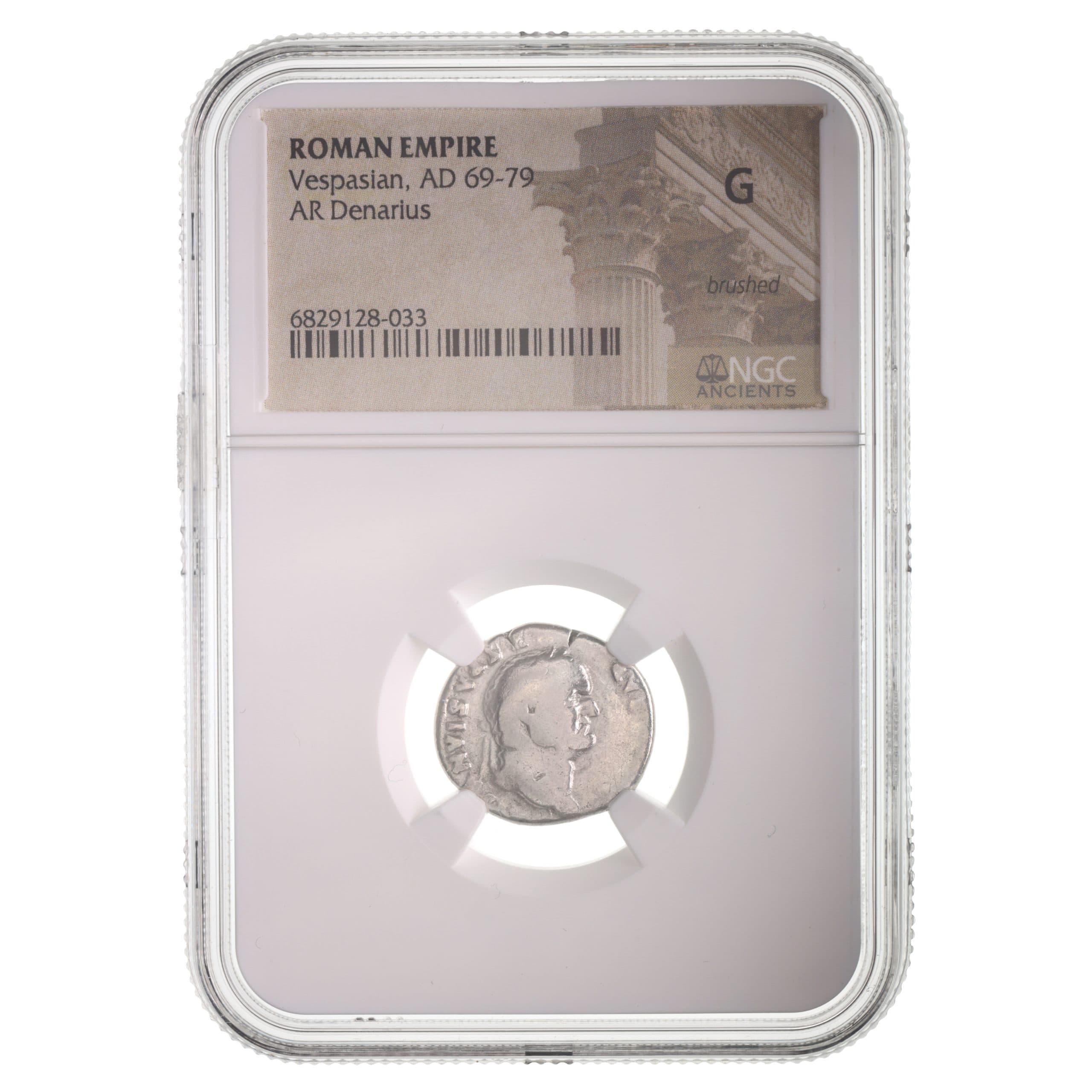 NGC-Certified Roman Coin: Vespasian, Denarius, Grade G — representative ECC supplier stock image; exact coin and slab vary