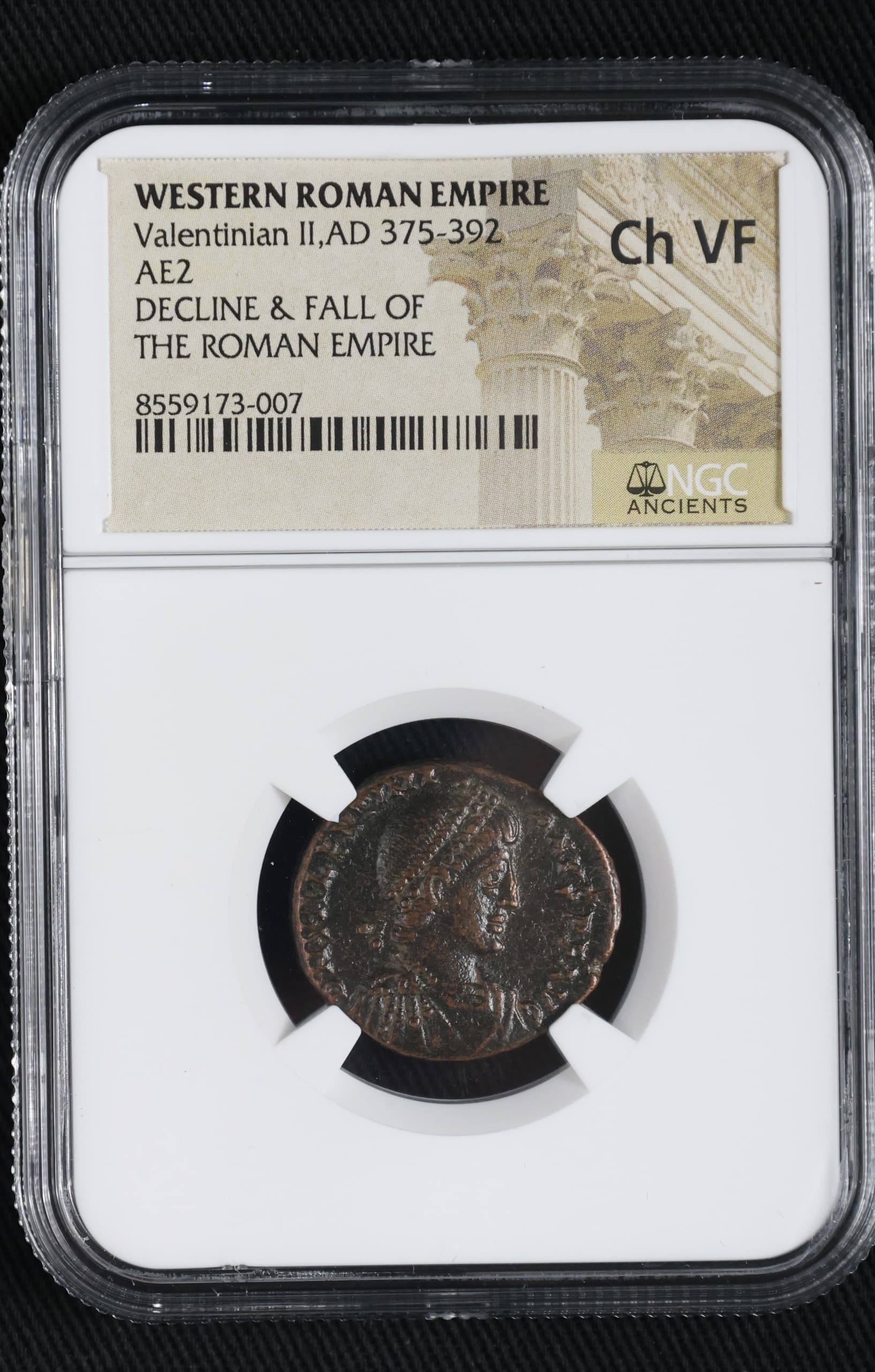 NGC-Certified Roman Coin: VALENTINIAN2ND(AE2), Grade CH-VF — representative ECC supplier stock image; exact coin and slab vary
