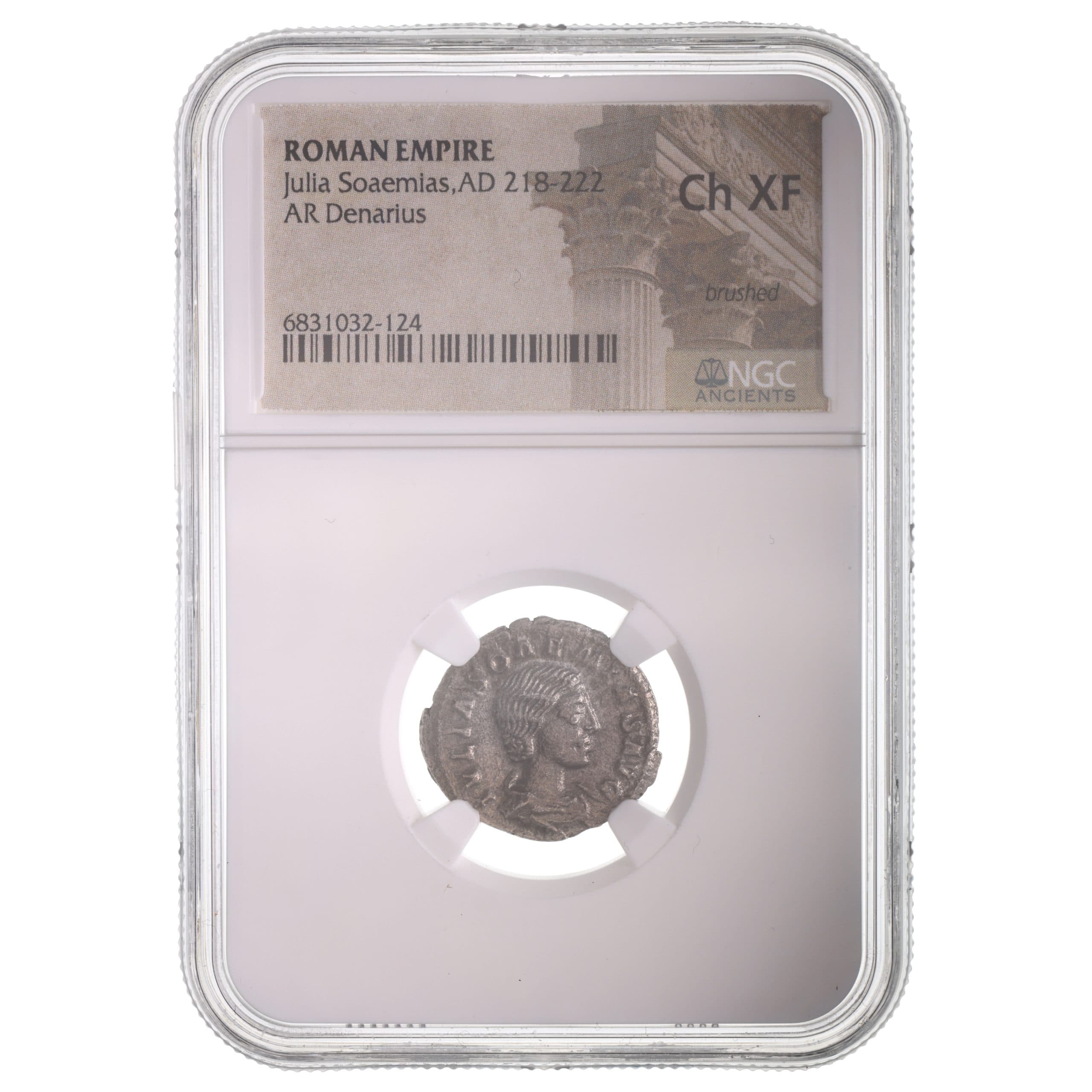 NGC-Certified Roman Coin: Julia Soaemias, Denarius, Grade CH-XF β representative ECC supplier stock image; exact coin and slab vary