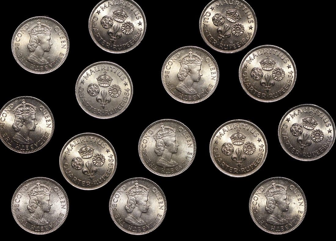Mauritius KM36(U) Mauritius, Elizabeth II (1978 date only), Copper-Nickel 1/4 Rupee β Lot of 9 representative product image
