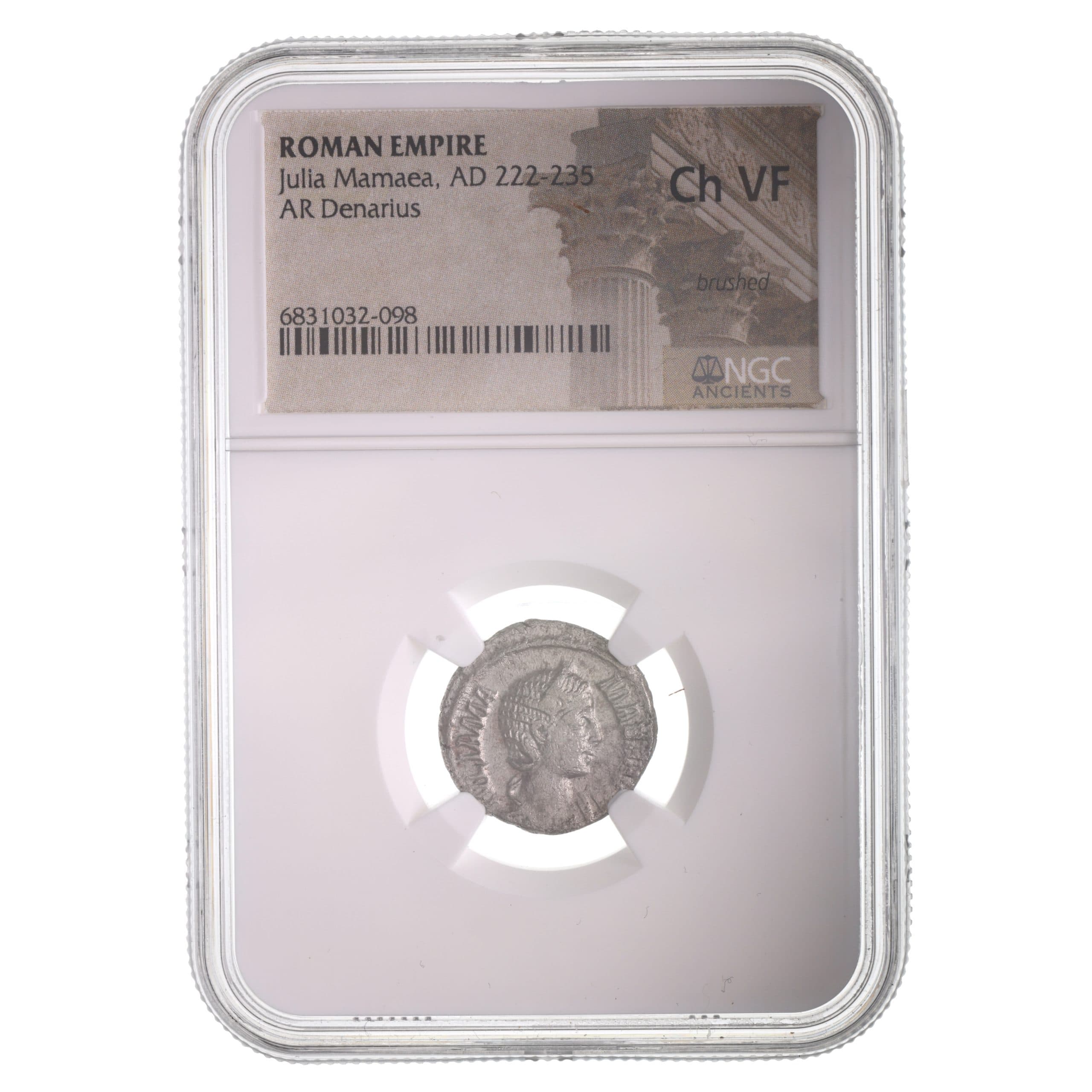 NGC-Certified Roman Coin: Julia Mamaea, Denarius, Grade CH-VF β representative ECC supplier stock image; exact coin and slab vary