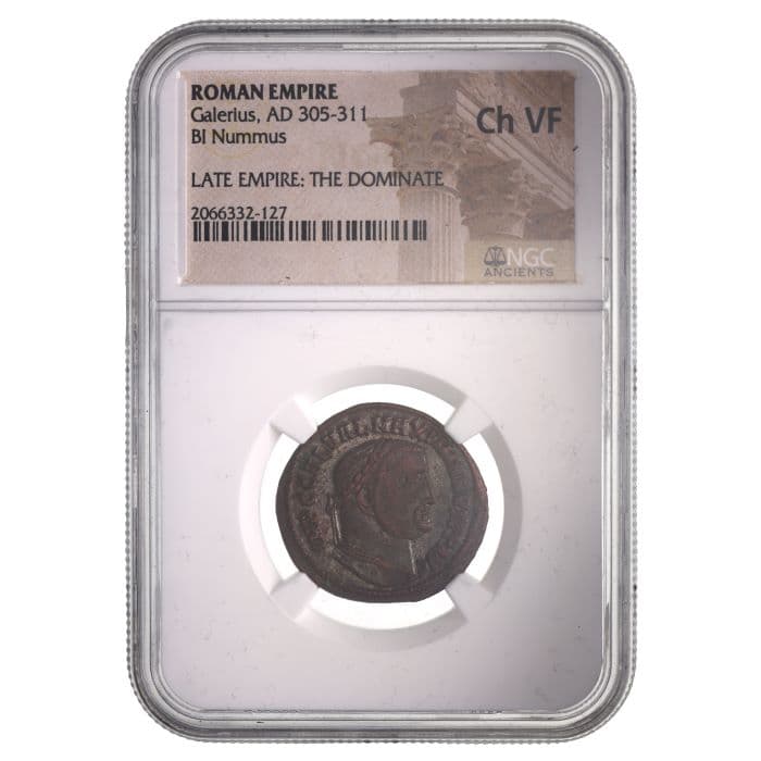 NGC-Certified Roman Coin: GALERIUS(AE1), Grade CH-VF β representative ECC supplier stock image; exact coin and slab vary