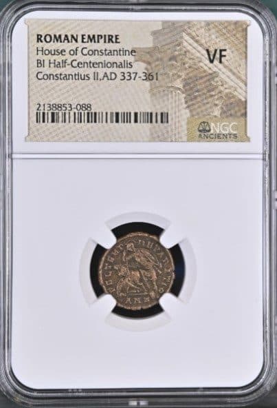 NGC-Certified Roman Coin: Constantius II (Gladiator), AE3/4, Grade VF β representative ECC supplier stock image; exact coin and slab vary