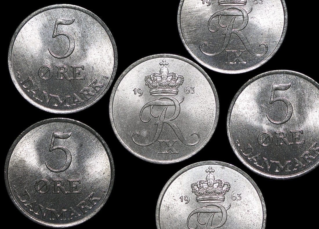 Denmark KM843.2(U) Denmark, Frederik IX (1947-1972), Zinc 5 Ore, dated 1963, brilliant unciruclated β Lot of 4 representative product image