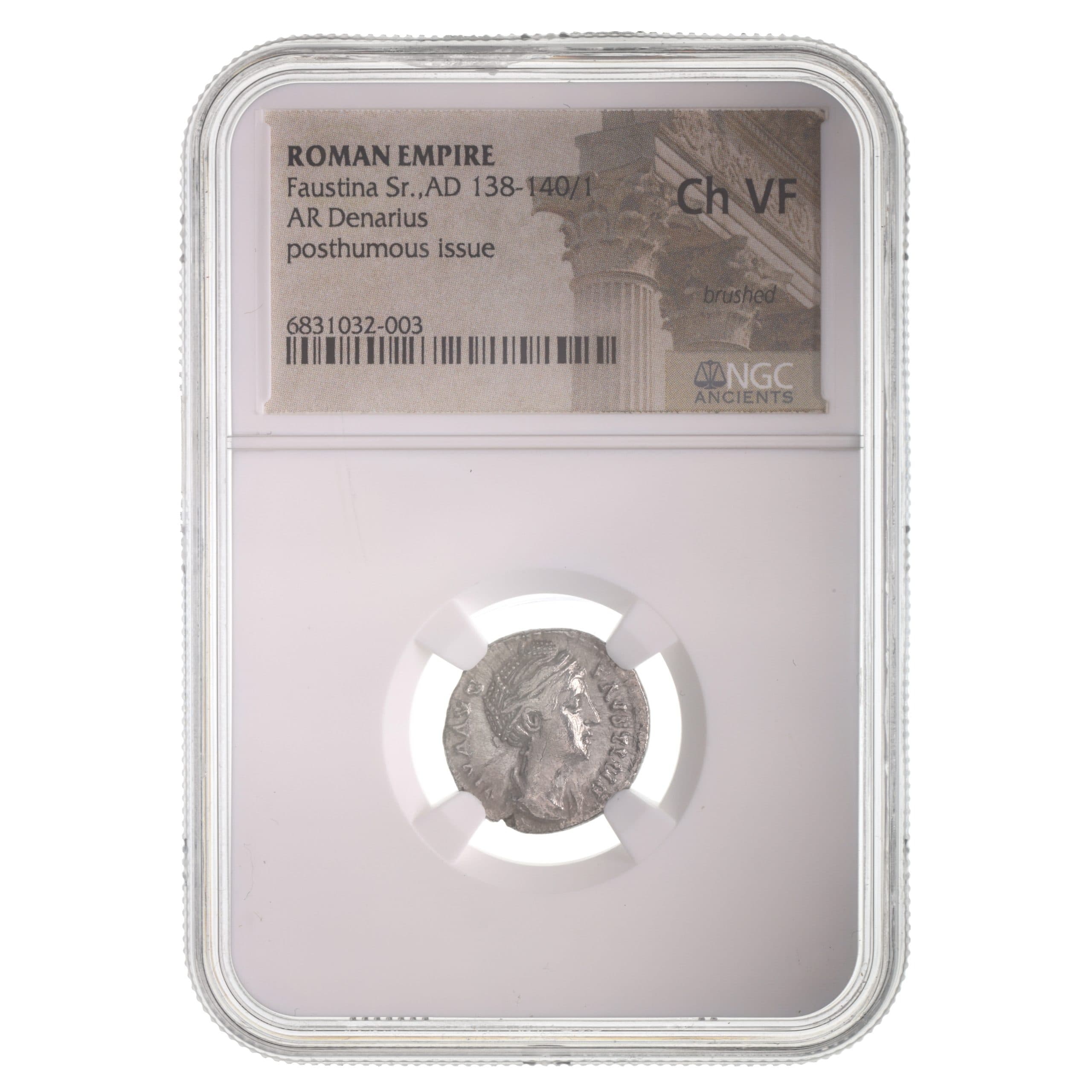 NGC-Certified Roman Coin: Faustina Sr., Denarius, Grade CH-VF β representative ECC supplier stock image; exact coin and slab vary