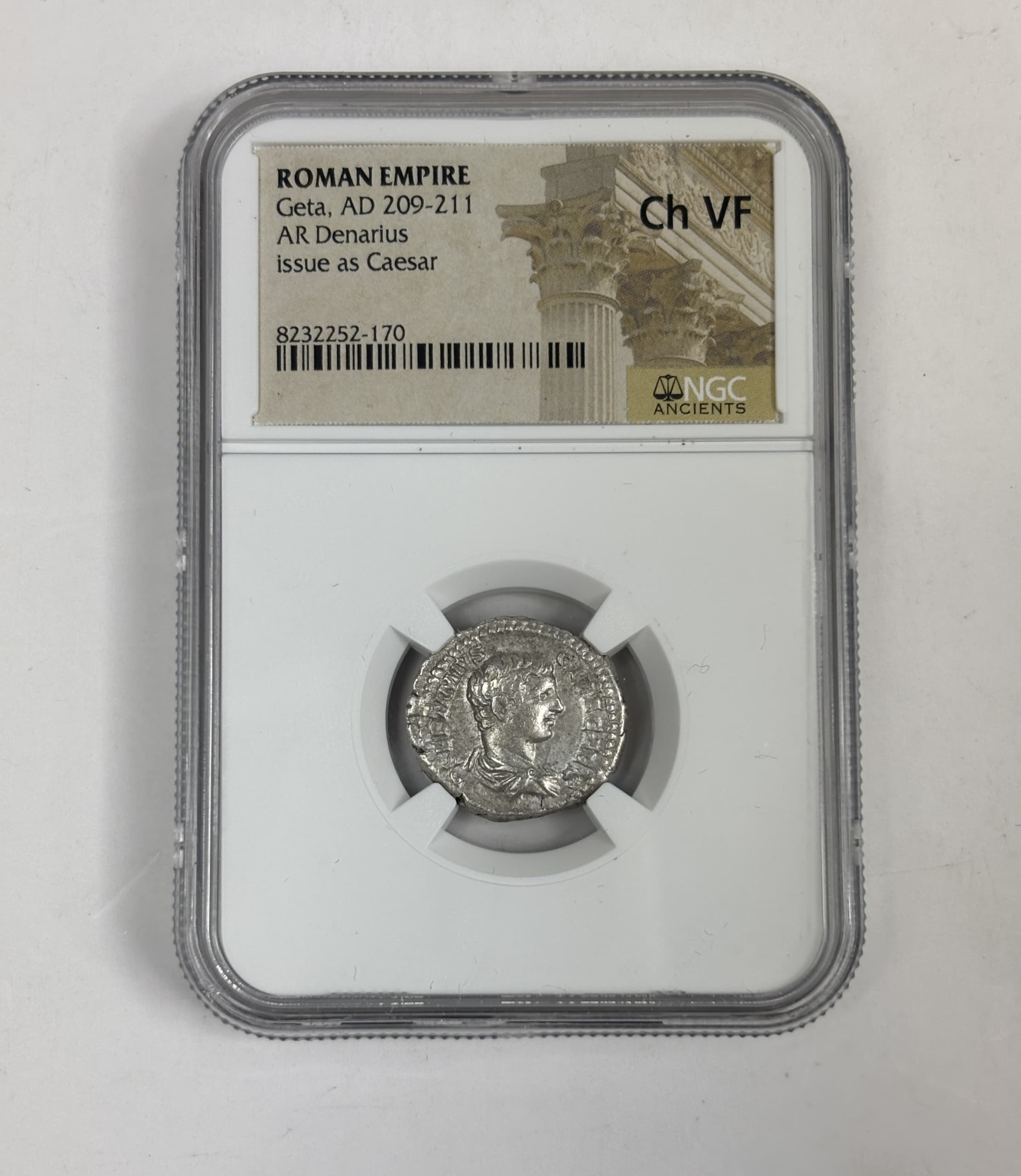 NGC-Certified Roman Coin: GETA(AR), Grade CH-VF β representative ECC supplier stock image; exact coin and slab vary