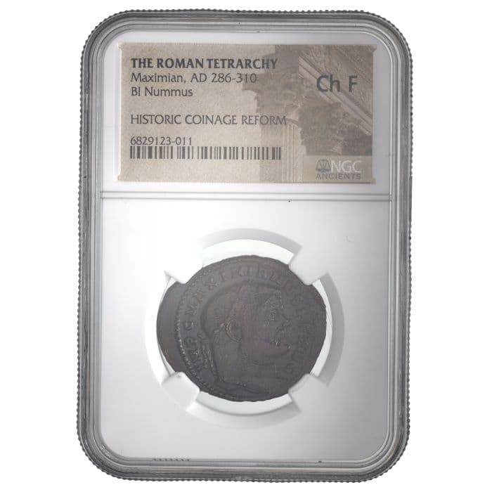 NGC-Certified Roman Coin: Maximian, AE1, Grade CH-F β representative ECC supplier stock image; exact coin and slab vary