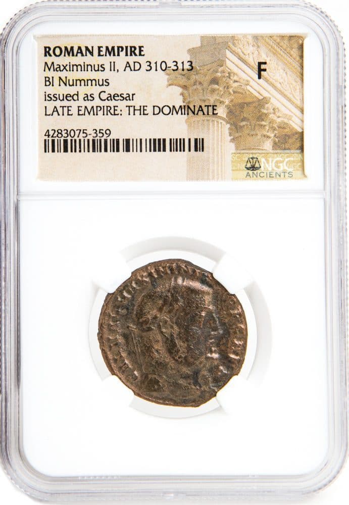 NGC-Certified Roman Coin: MAXIMINUS2ND(AE1/2), Grade F — representative ECC supplier stock image; exact coin and slab vary