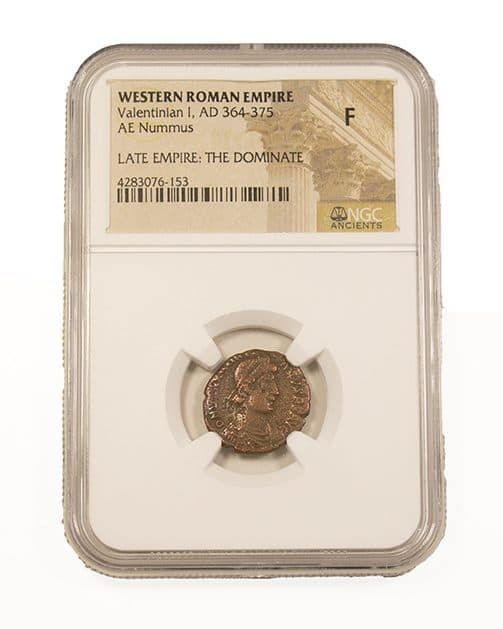 NGC-Certified Roman Coin: VALENTINIAN1ST(AE3), Grade F — representative ECC supplier stock image; exact coin and slab vary