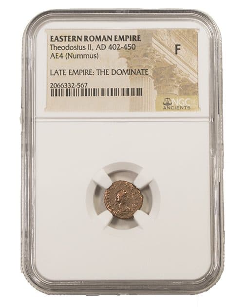 NGC-Certified Roman Coin: THEODOSIUS2ND(AE4), Grade F — representative ECC supplier stock image; exact coin and slab vary