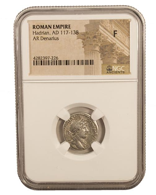 NGC-Certified Roman Coin: Hadrian, Denarius, Grade F β representative ECC supplier stock image; exact coin and slab vary