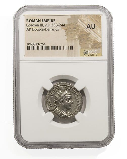 NGC-Certified Roman Coin: GORDIAN3RD(AR)(ANT), Grade AU β representative ECC supplier stock image; exact coin and slab vary