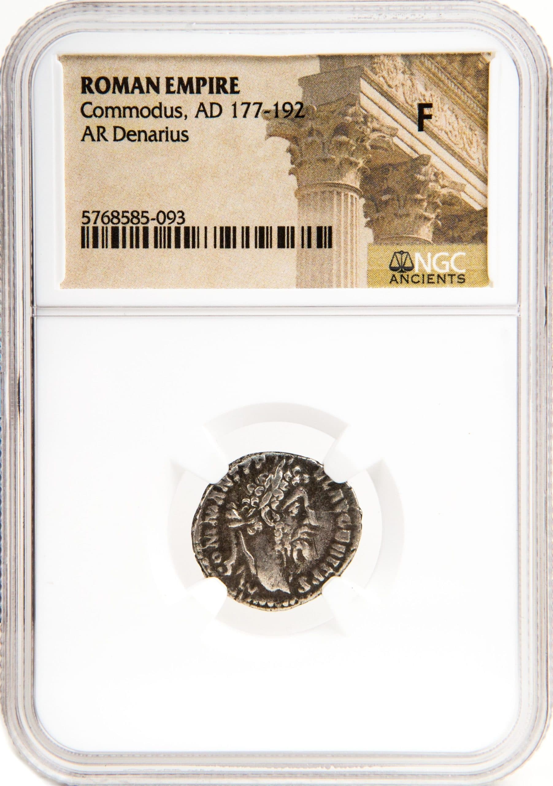 NGC-Certified Roman Coin: Commodus, Denarius, Grade F — representative ECC supplier stock image; exact coin and slab vary