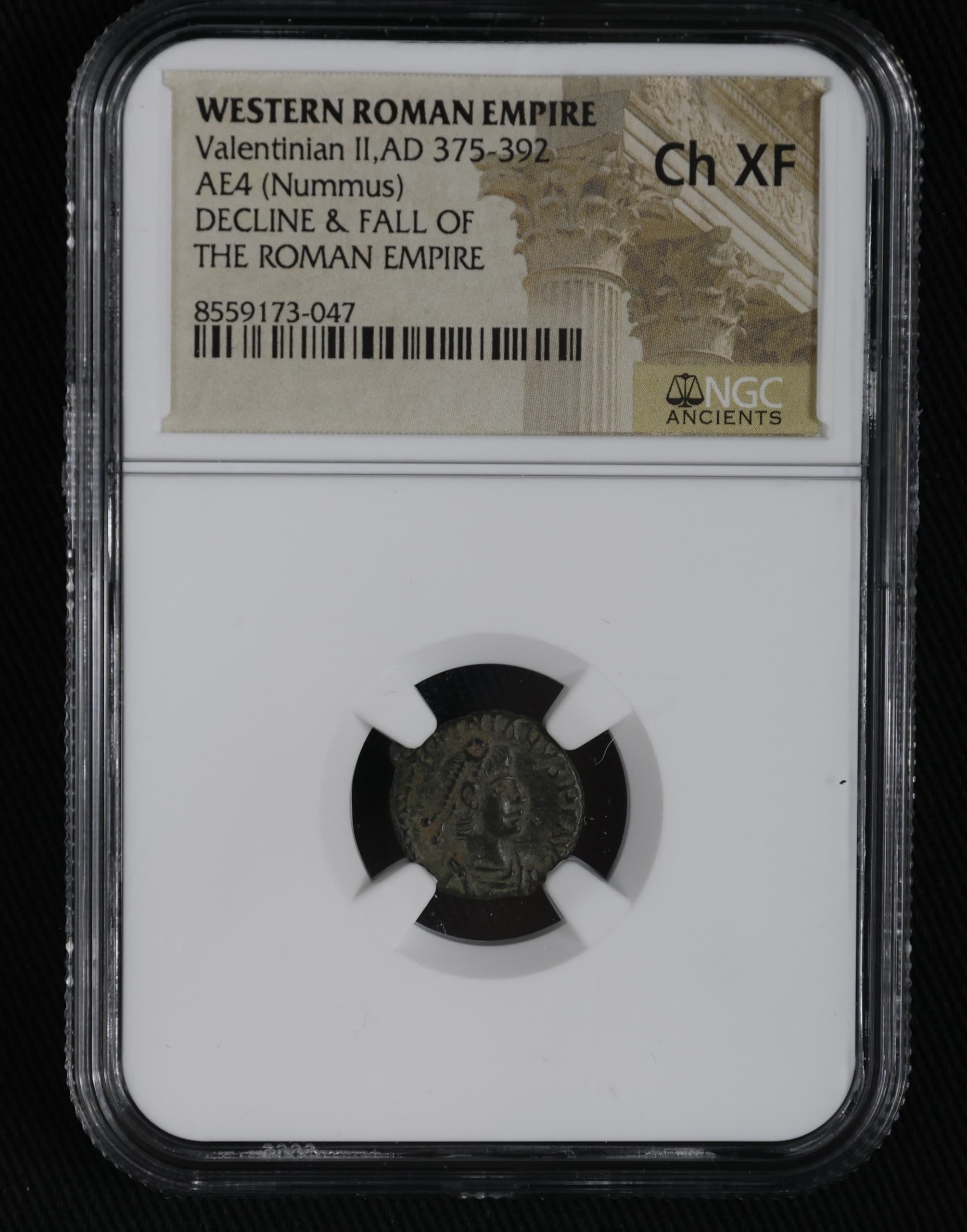 NGC-Certified Roman Coin: VALENTINIAN2ND(AE4), Grade CH-XF — representative ECC supplier stock image; exact coin and slab vary