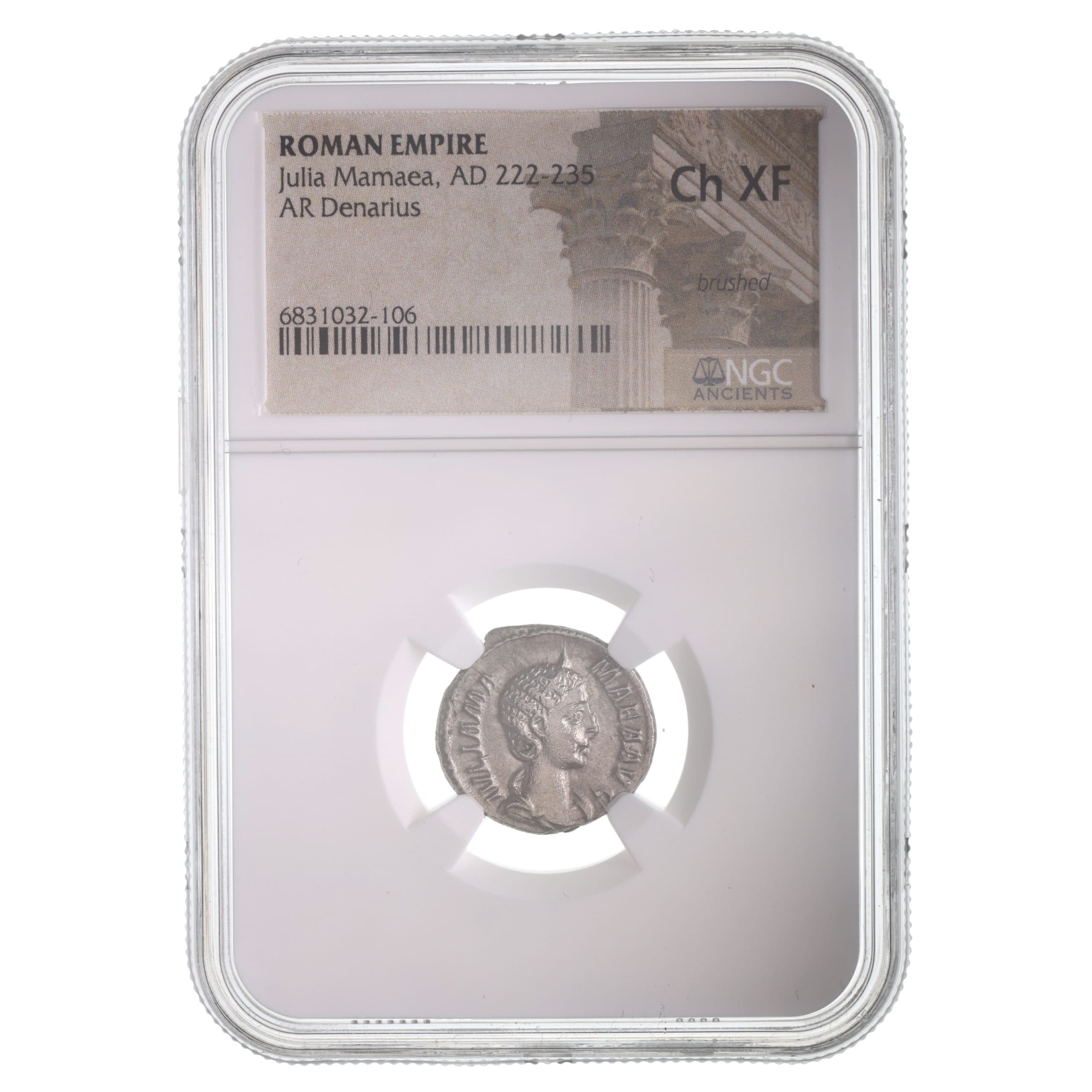 NGC-Certified Roman Coin: Julia Mamaea, Denarius, Grade CH-XF β representative ECC supplier stock image; exact coin and slab vary