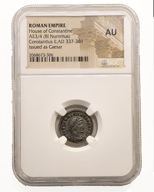 NGC-Certified Roman Coin: CONSTIUS2ND(AE3), Grade AU — representative ECC supplier stock image; exact coin and slab vary