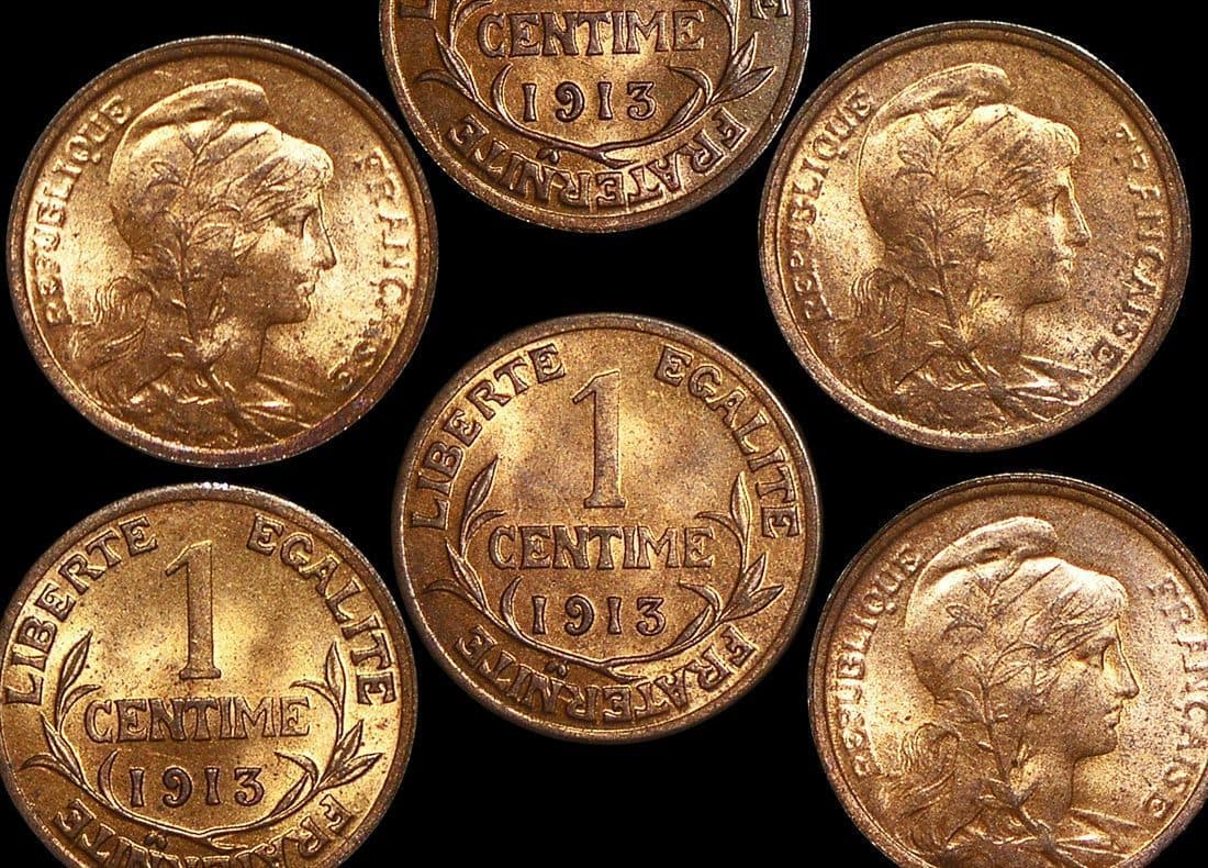 France KM840(U) France, Third Republic, Bronze Centime, 1913 – Lot of 2 representative product image