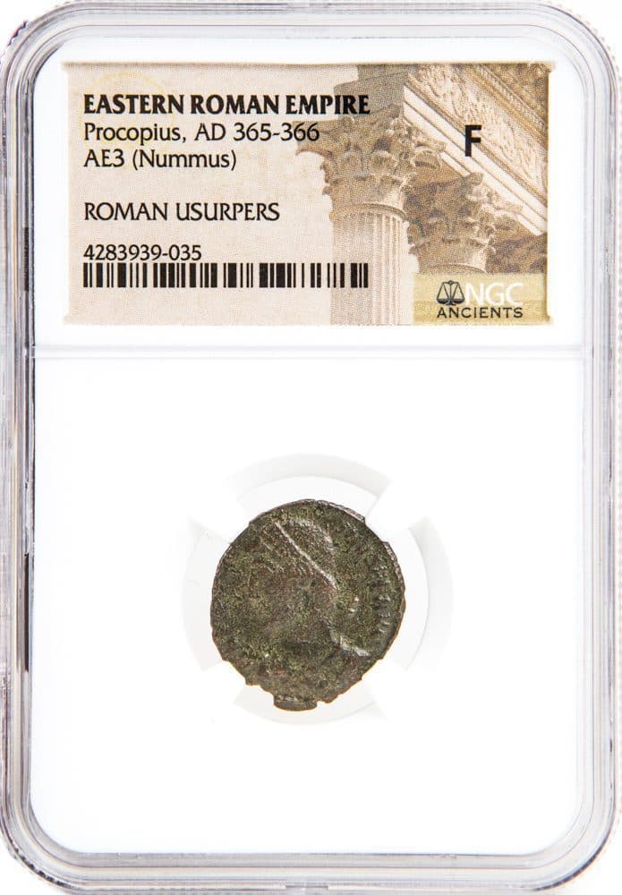 NGC-Certified Roman Coin: Procopius, AE3, Grade F — representative ECC supplier stock image; exact coin and slab vary