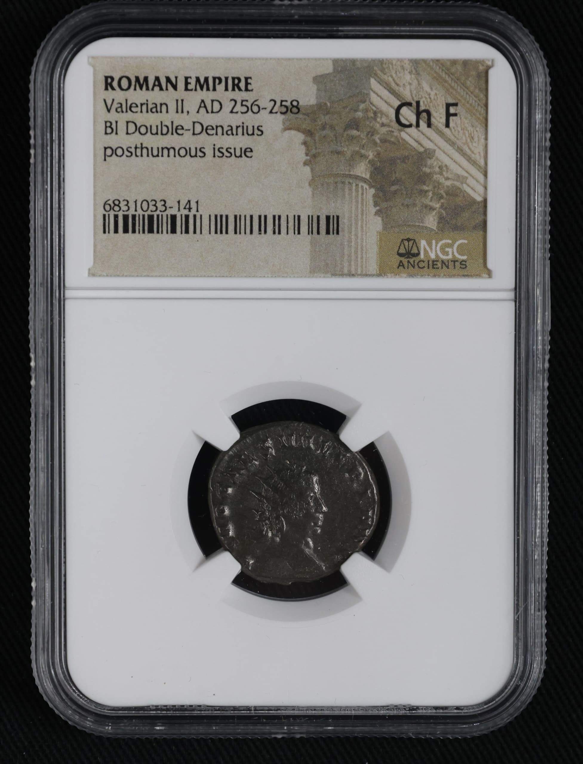 NGC-Certified Roman Coin: VALERIAN2ND(AR), Grade CH-F — representative ECC supplier stock image; exact coin and slab vary