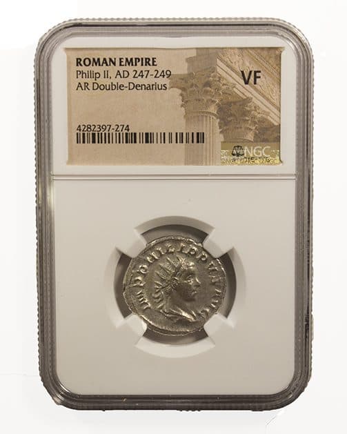 NGC-Certified Roman Coin: PHILIP2ND(AR), Grade VF β representative ECC supplier stock image; exact coin and slab vary