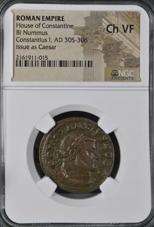 NGC-Certified Roman Coin: CONSTIUS1ST(AE1), Grade CH-VF β representative ECC supplier stock image; exact coin and slab vary