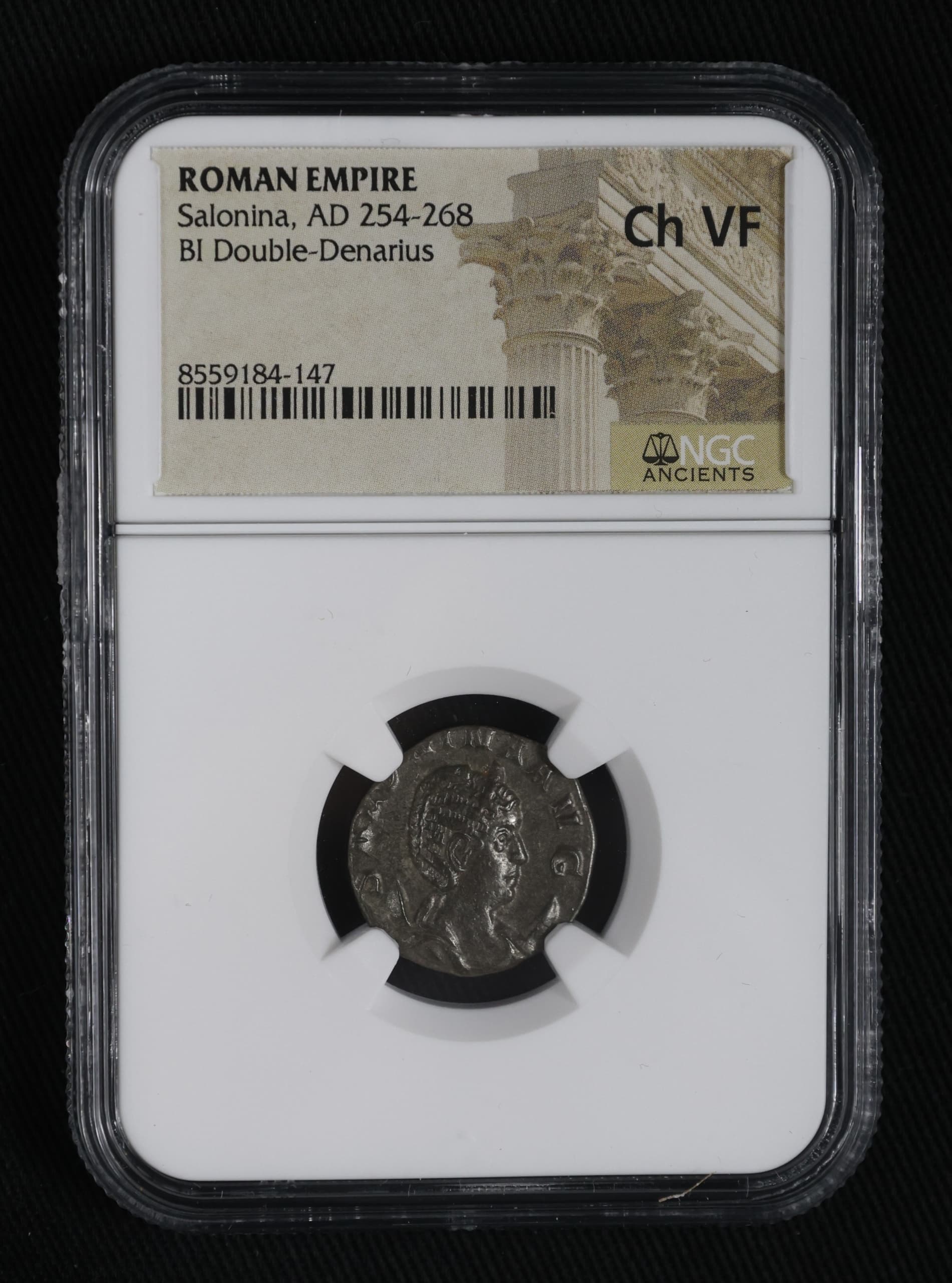 NGC-Certified Roman Coin: Salonina, Ag ANT, Grade CH-VF β representative ECC supplier stock image; exact coin and slab vary
