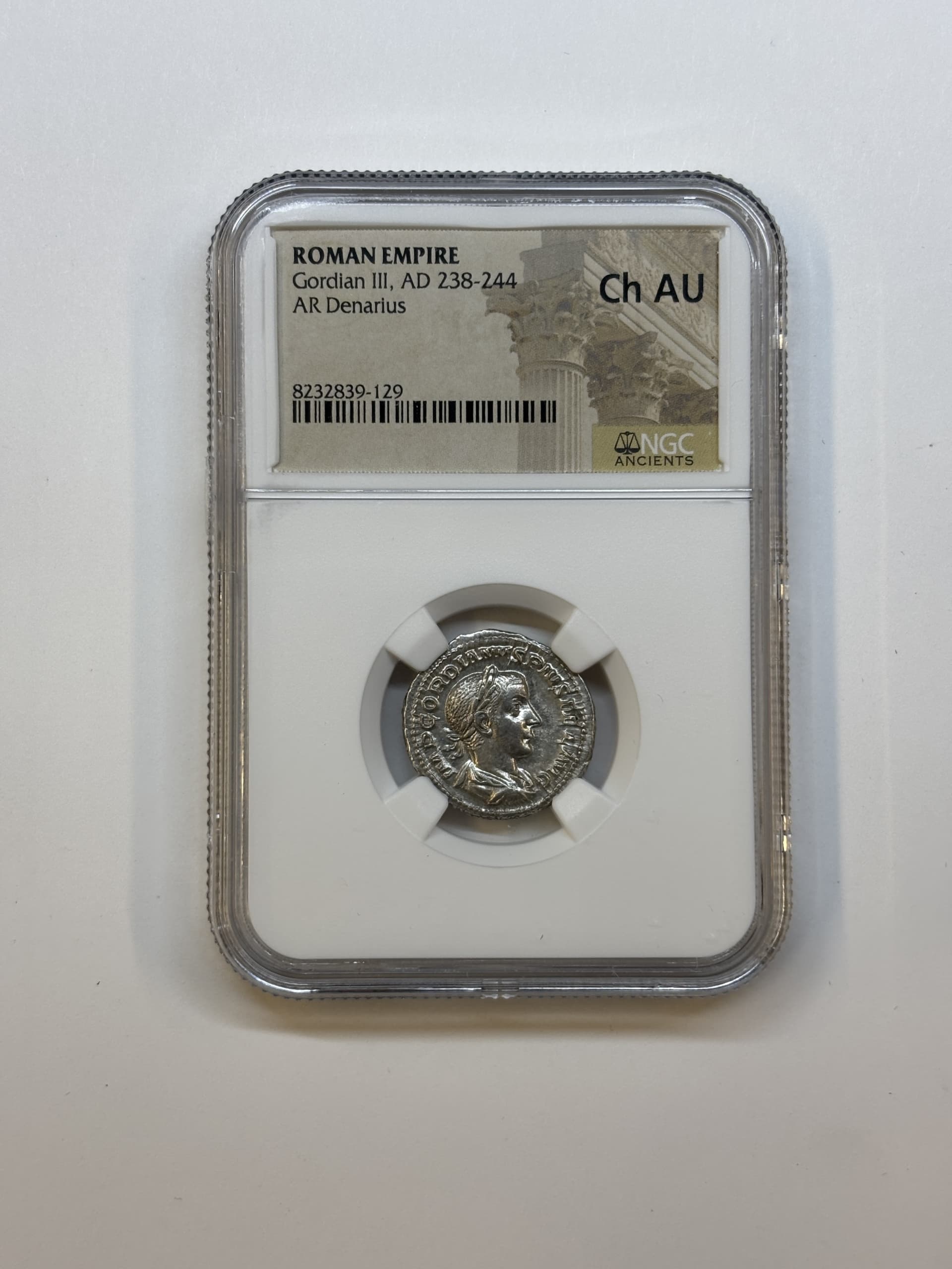NGC-Certified Roman Coin: GORDIAN3RD(AR), Grade CH-AU β representative ECC supplier stock image; exact coin and slab vary