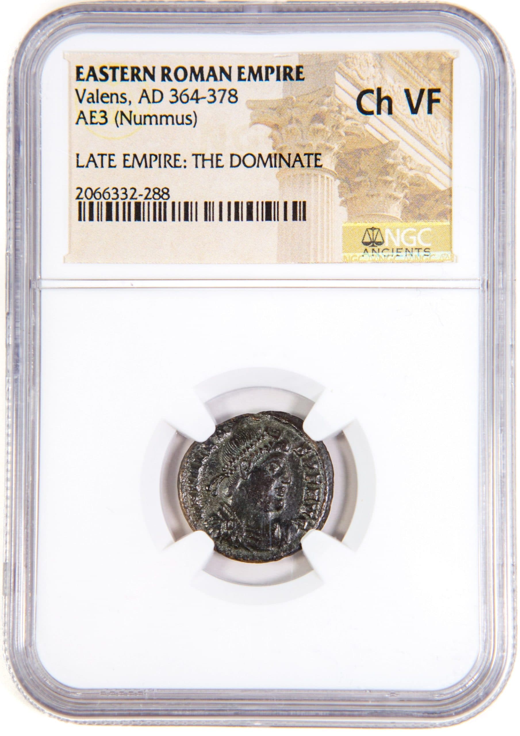 NGC-Certified Roman Coin: Valens, AE3, Grade VF — representative ECC supplier stock image; exact coin and slab vary