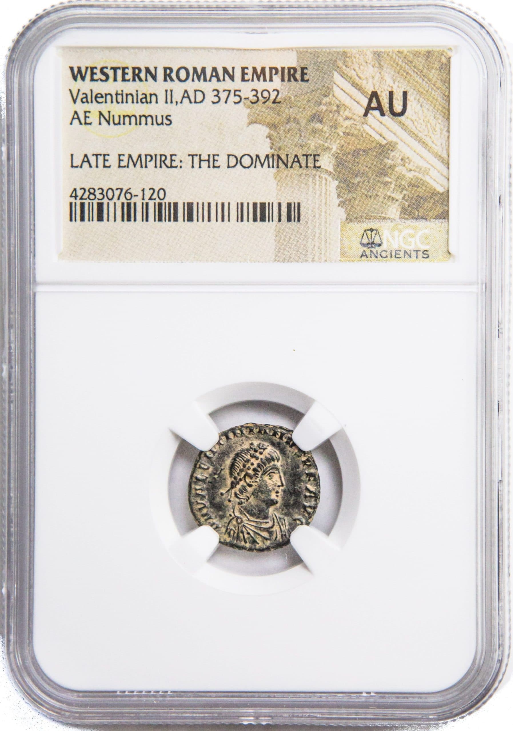 NGC-Certified Roman Coin: VALENTINIAN2ND(AE4), Grade AU β representative ECC supplier stock image; exact coin and slab vary