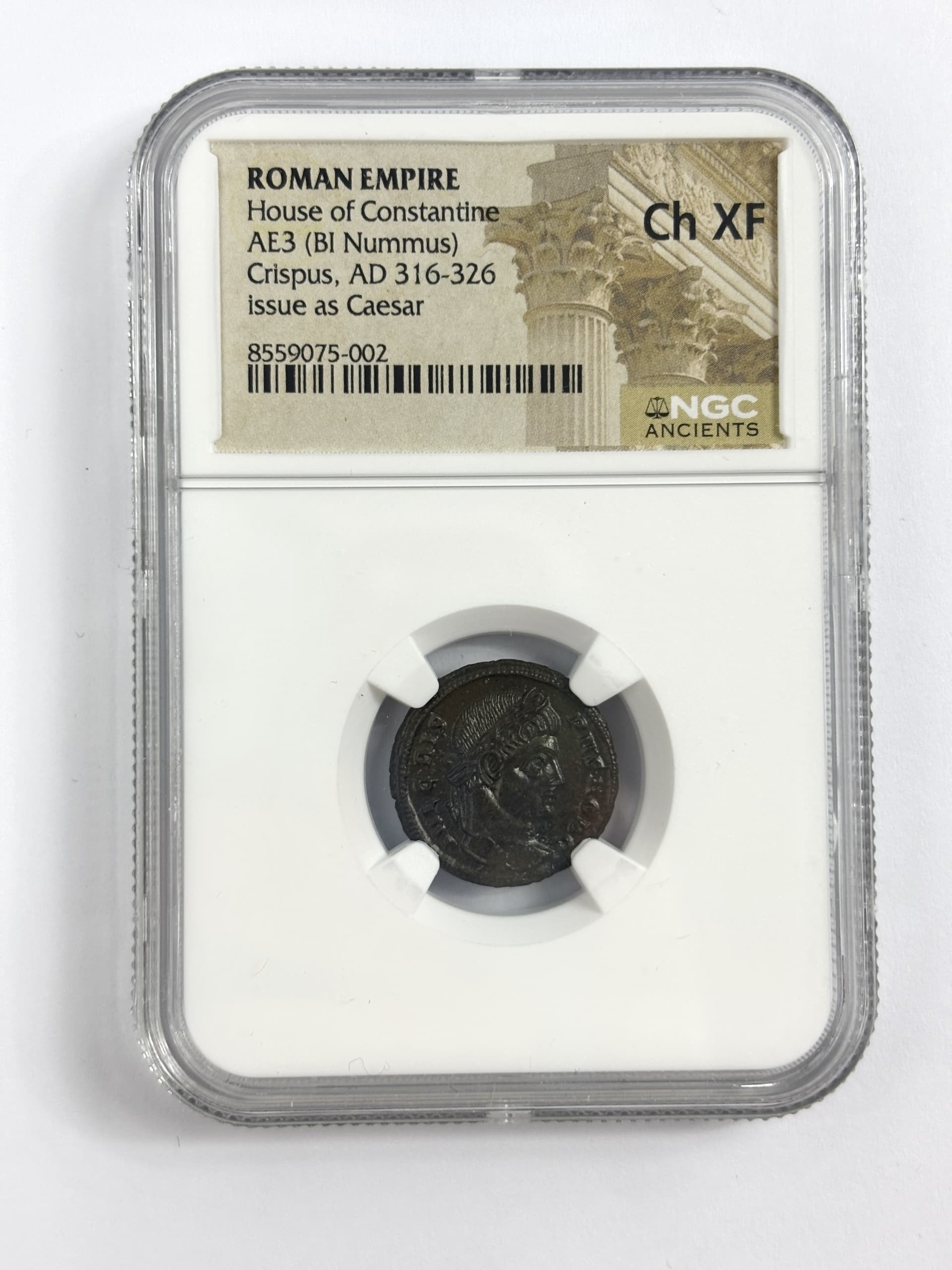 NGC-Certified Roman Coin: Crispus, AE3, Grade CH-XF β representative ECC supplier stock image; exact coin and slab vary