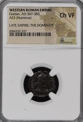 NGC-Certified Roman Coin: GRATIAN(AE3), Grade CH-VF β representative ECC supplier stock image; exact coin and slab vary