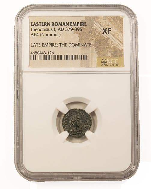 NGC-Certified Roman Coin: THEODOSIUS1ST(AE4), Grade XF — representative ECC supplier stock image; exact coin and slab vary