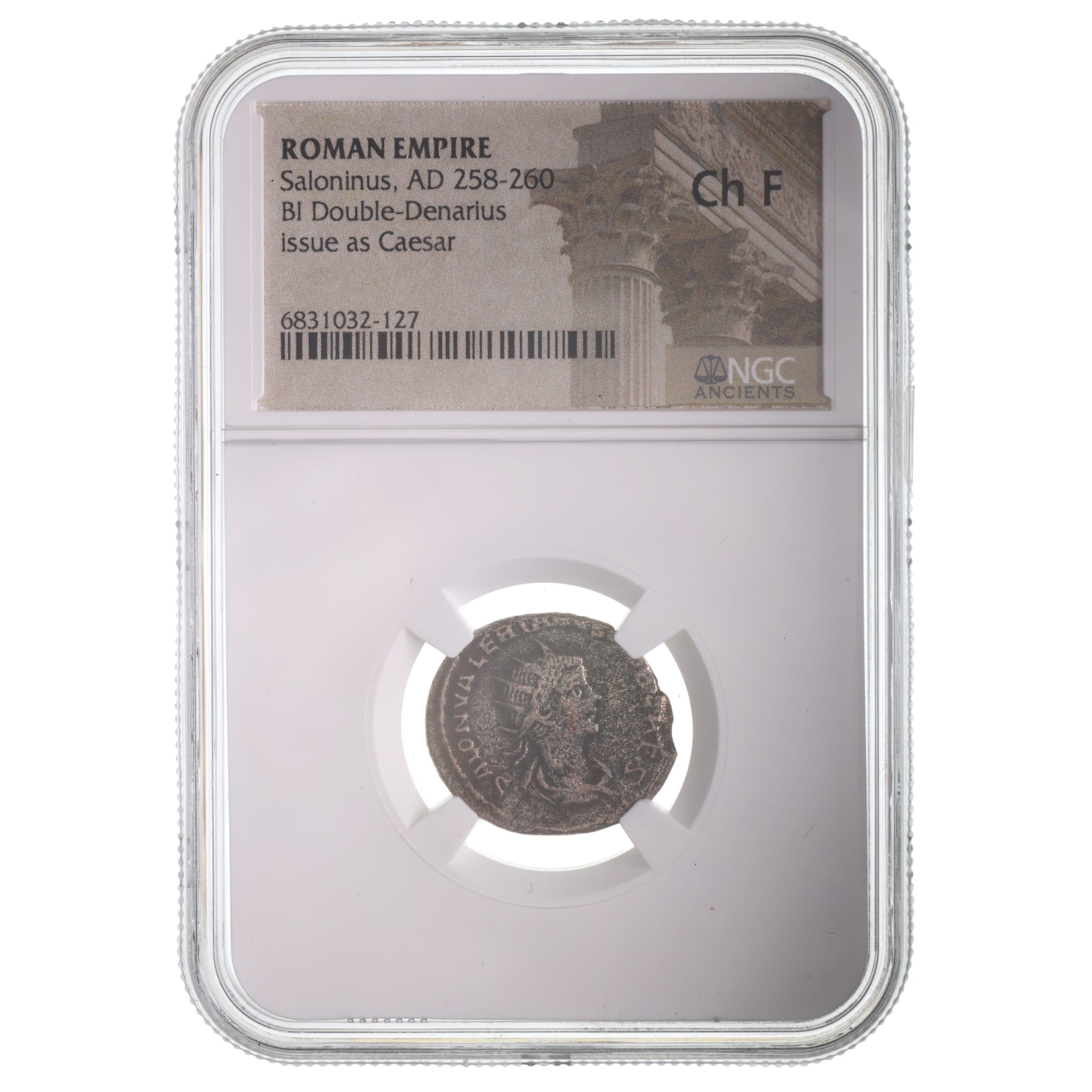 NGC-Certified Roman Coin: Saloninus, Ag ANT, Grade CH-F — representative ECC supplier stock image; exact coin and slab vary