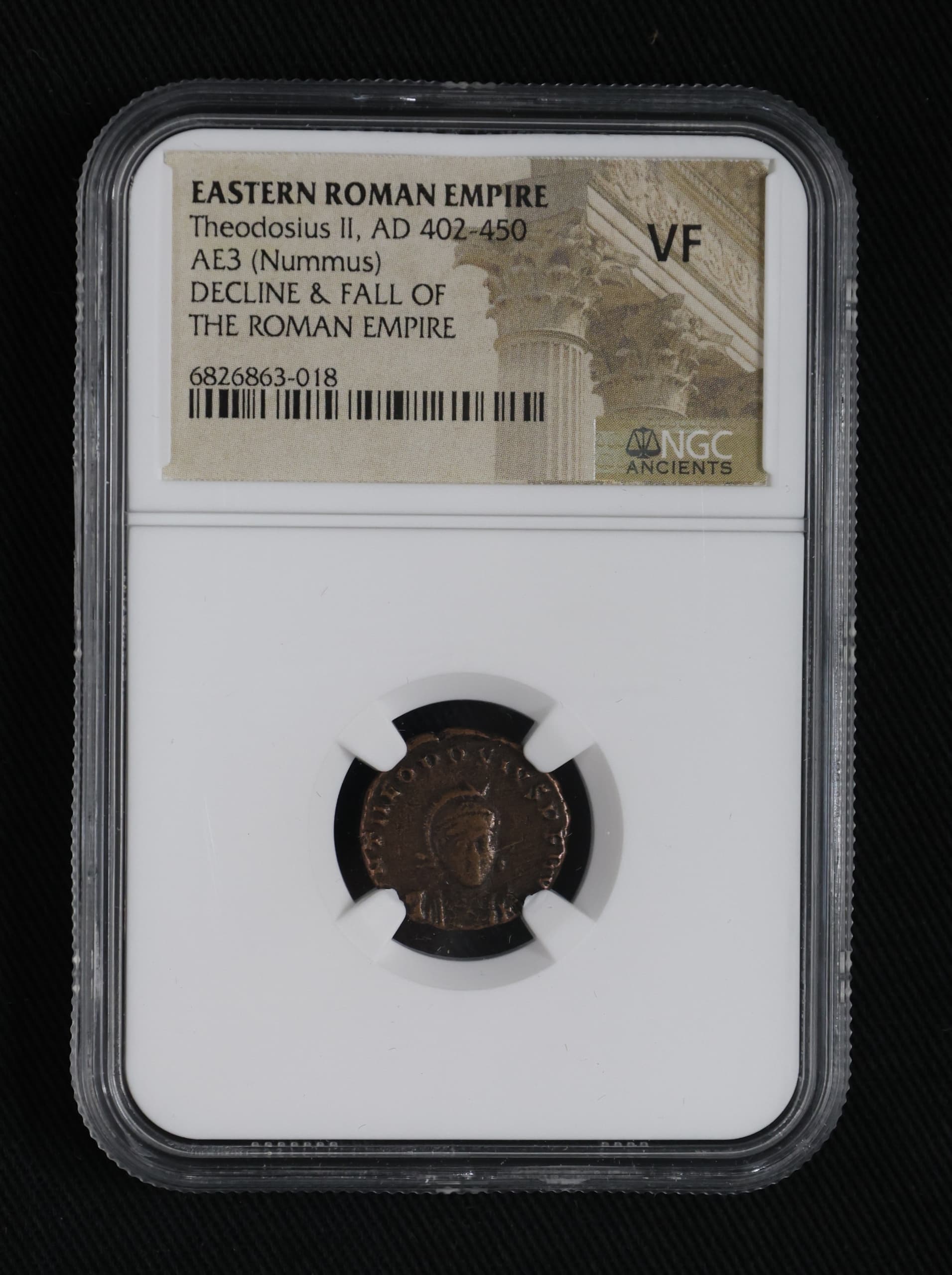 NGC-Certified Roman Coin: THEODOSIUS2ND(AE3), Grade VF β representative ECC supplier stock image; exact coin and slab vary